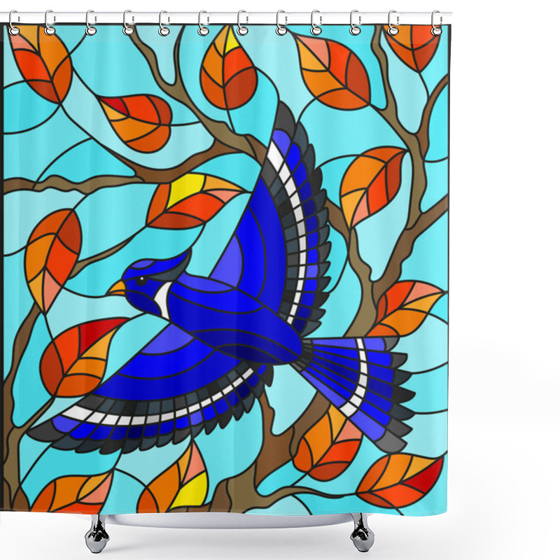 Personality  Illustration In The Style Of Stained Glass With A Beautiful Blue Bird  On A  Background Of Autumn Branch Of Tree And Sky Shower Curtains