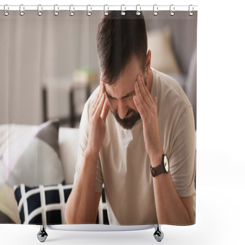 Personality  Man Suffering From Headache At Home Shower Curtains