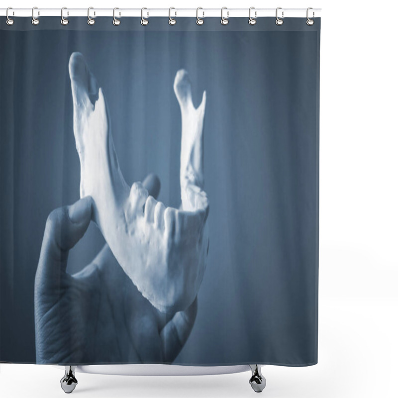 Personality  A Girl Holds A Mandible Printed On A 3d Printer On Her Palm Shower Curtains