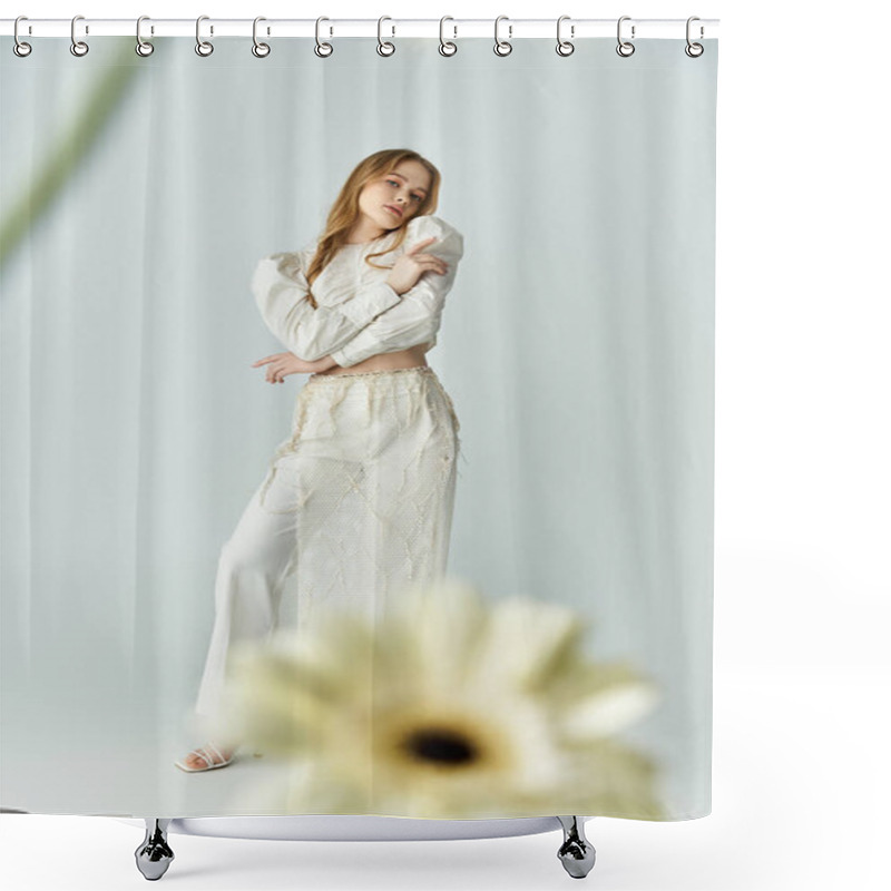 Personality  A Young Woman Poses Serenely, Surrounded By Soft Blooms And Gentle Light. Shower Curtains