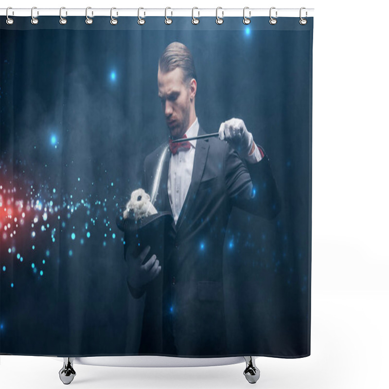 Personality  Serious Magician In Suit Showing Trick With Wand And White Rabbit In Hat, Dark Room With Smoke And Glowing Illustration Shower Curtains