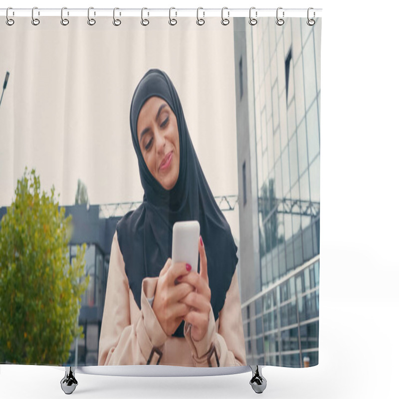 Personality  Smiling Muslim Woman In Hijab Messaging On Smartphone Outside Shower Curtains