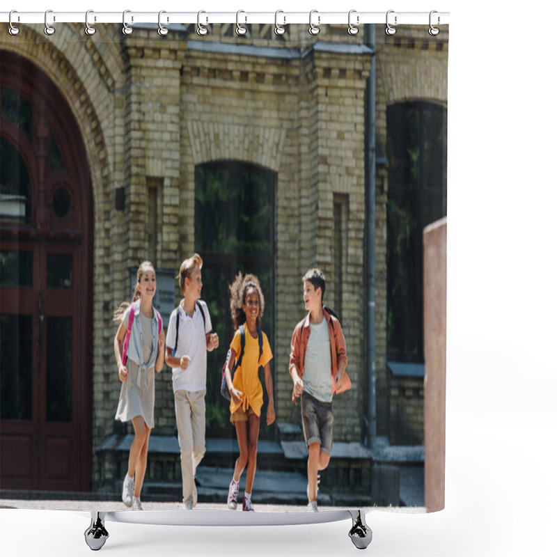 Personality  Four Cheerful Multicultural Schoolkids Smiling While Running In Schoolyard Shower Curtains