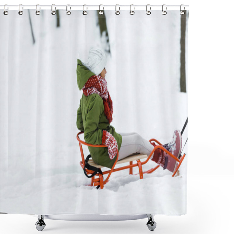 Personality  Cute African American Child Riding On Sleigh In Park In Snowy Forest Shower Curtains