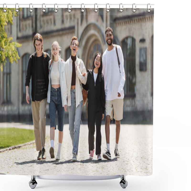 Personality  Young Multiethnic Students Walking And Looking At Camera Near University Outdoors  Shower Curtains