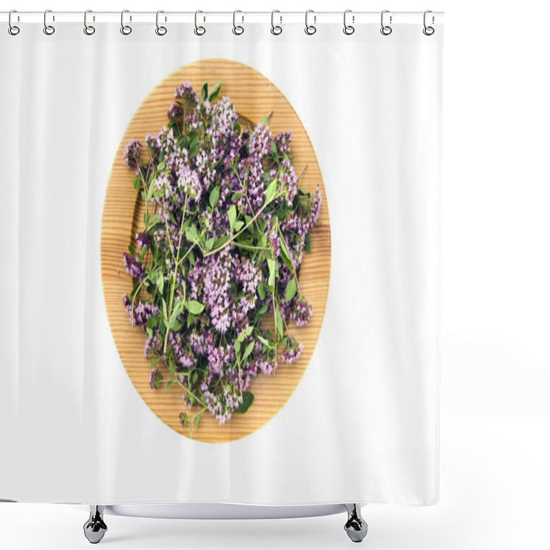 Personality  Wooden Ecological Plate With Fresh Wild Marjoram Medical Flowers Shower Curtains