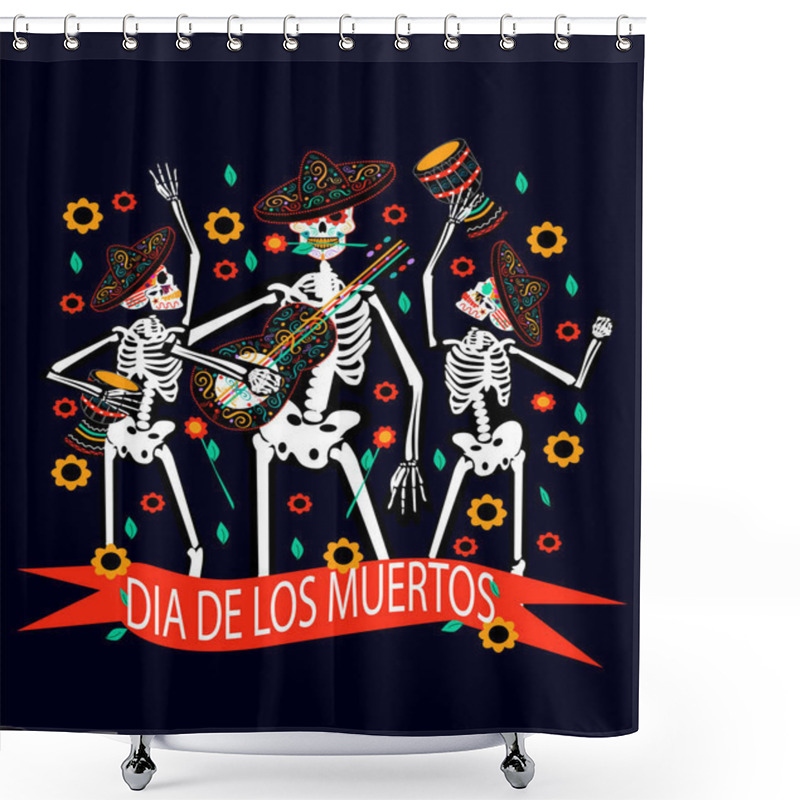 Personality  Day Of The Dead Skull Background With Skulls, Sombreros And Guitar Shower Curtains