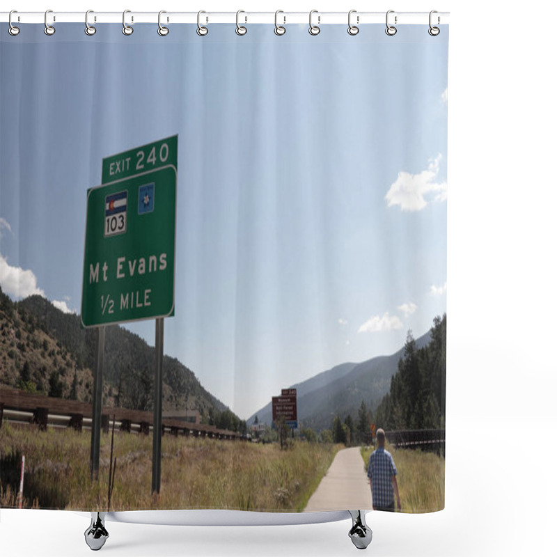 Personality  Person Walking Path Past Mt Evans I-70 Exit 240 Roadway Sign Shower Curtains