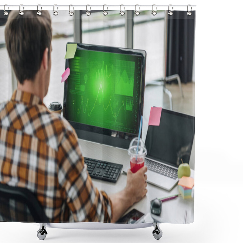 Personality  Back View Of Young Programmer Holding Glass Of Juice While Sitting At Workplace Near Computer Monitor With Graphs And Charts On Screen Shower Curtains