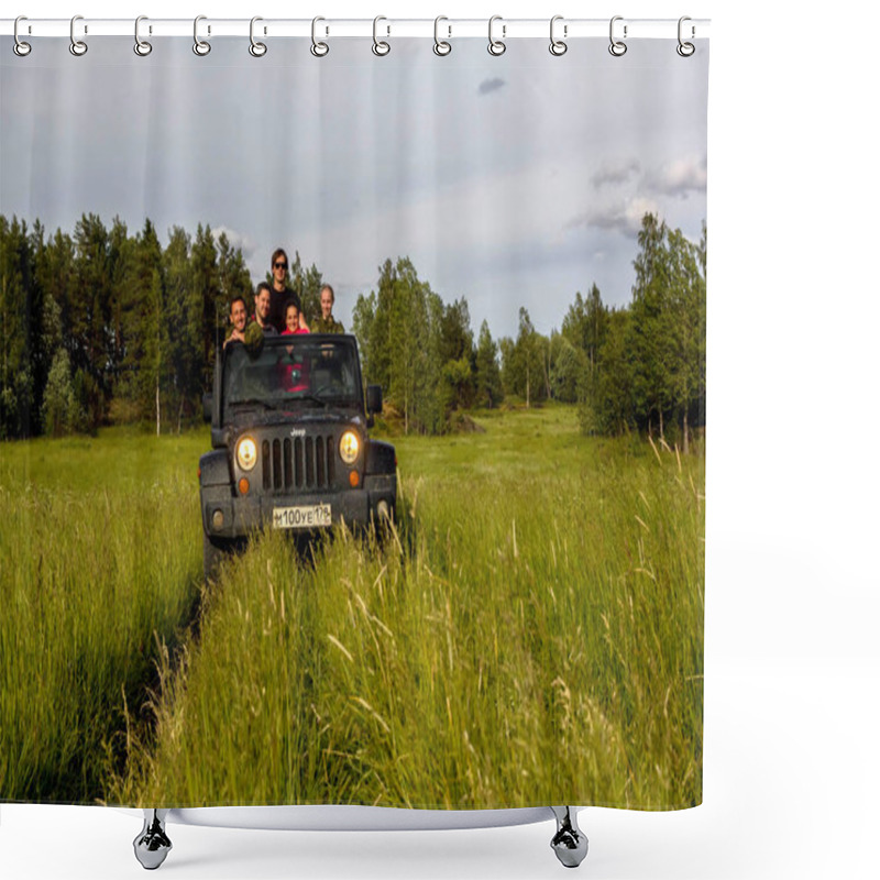 Personality  Novgorod Region, Russia, July 19, 2018: Jeep Wrangler On Forest Road. Wrangler Is A Compact Four Wheel Drive Off Road And Sport Utility Vehicle Shower Curtains