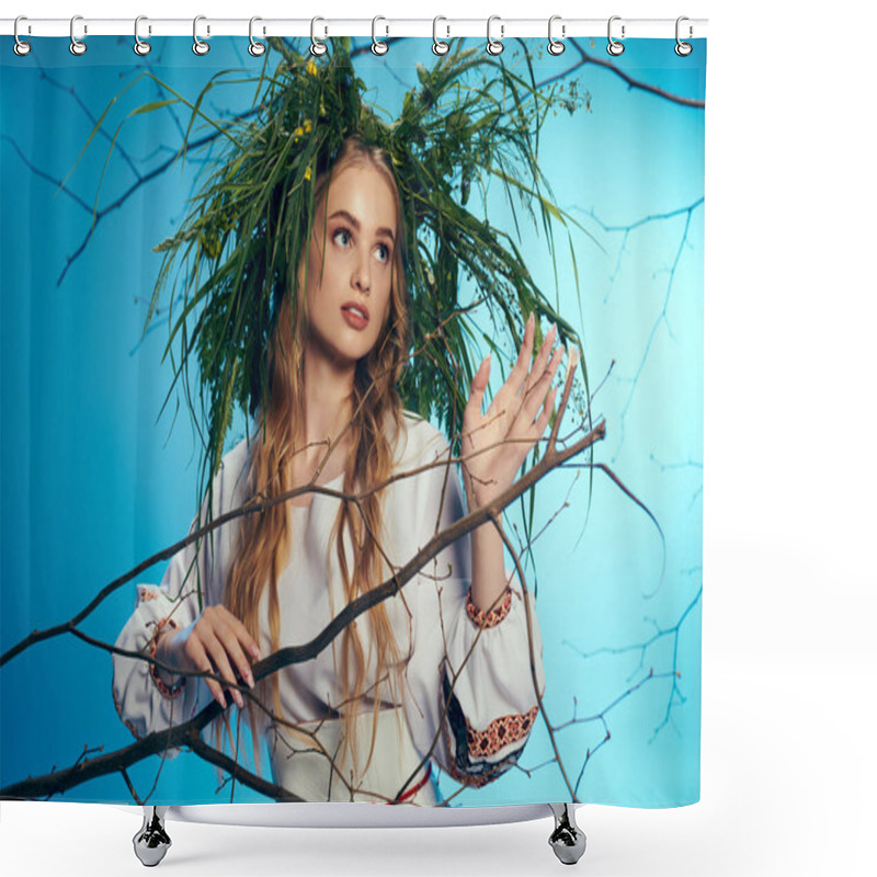 Personality  A Young Woman Stands Gracefully In Front Of A Towering Tree, Wearing A Traditional Outfit With Ornate Details, Radiating Fairy And Fantasy Vibes. Shower Curtains