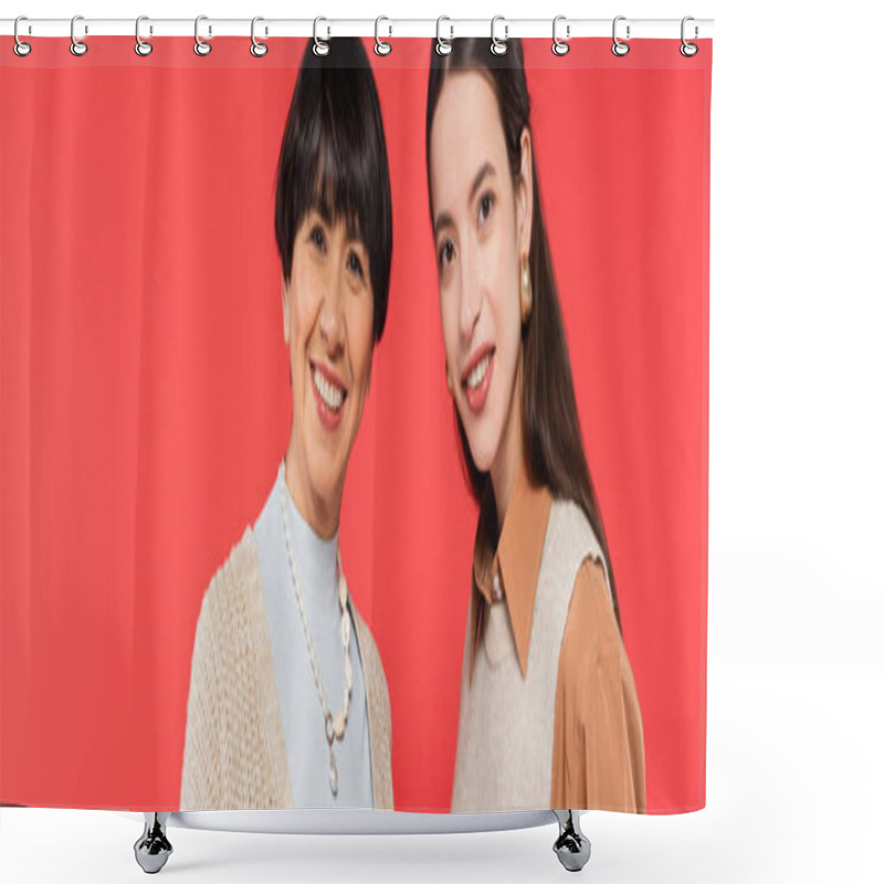 Personality  Portrait Of Brunette Asian Mother And Daughter In Stylish Clothes Smiling At Camera Isolated On Coral, Banner Shower Curtains