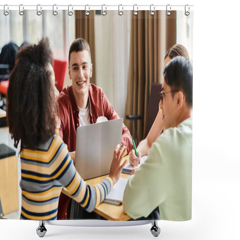 Personality  A Diverse Group Of Students Of Caucasian, Asian, And African American Descent Sharing A Moment Of Happiness Around A Wooden Table. Shower Curtains