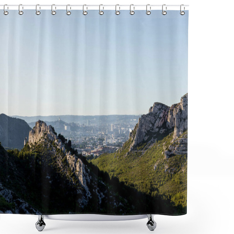 Personality  Beautiful Rocky Mountains With Green Vegetation And Distant Village In Provence, France Shower Curtains