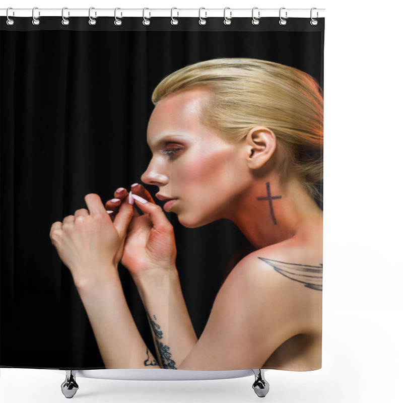 Personality  Attractive Fashionable Tattooed Young Woman, Isolated On Black Shower Curtains