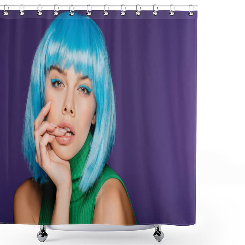 Personality  Attractive Sensual Girl With Blue Hair Touching Lip, Isolated On Purple Shower Curtains