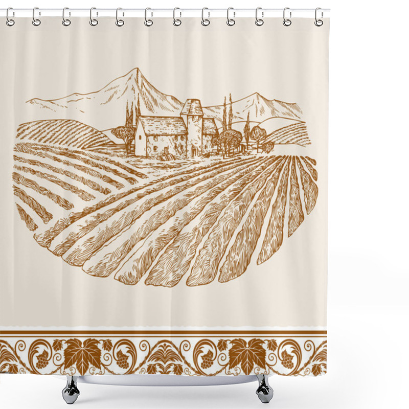 Personality  Vintage Wine Label Background With Sketch Of Old Chateau, Landscape With Village And Vineyard, Grapes Floral Ornament For Decoration And Design Shower Curtains