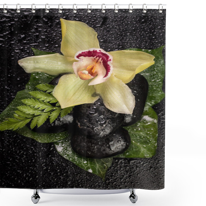 Personality  Spa Concept With Stones, Flowers , Essential Oils And Mineral Salt  On Wooden Table  Shower Curtains