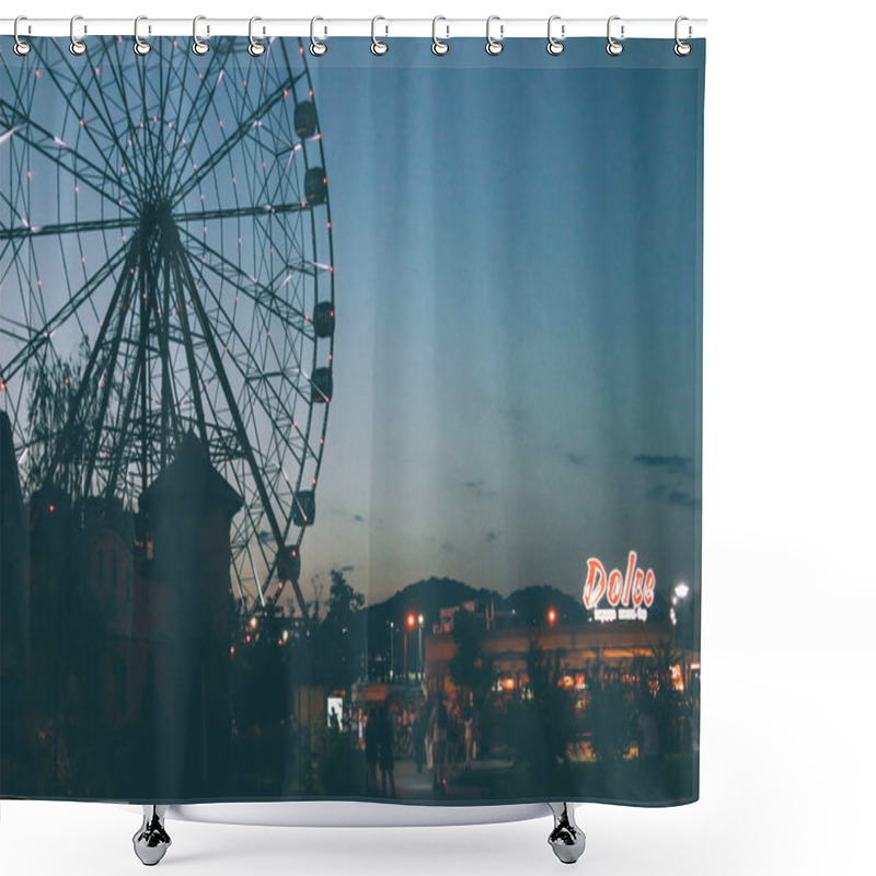 Personality  Sochi, Russia - August, 07, 2019. Glowing Lights On Ferris Wheel, Resort Nightlife, Background, Beautiful Sky  Shower Curtains