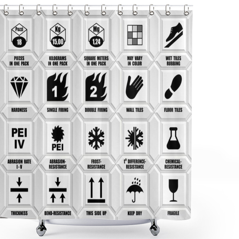 Personality  Full Set Of Ceramic Tiles Packaging Symbols With Description. Package Black Square Floor Icons Isolated On White Wall. International Standard ISO Pictograms Shower Curtains