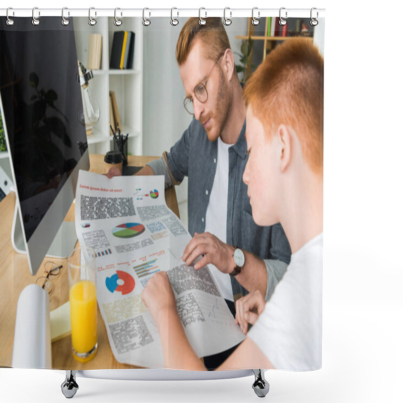 Personality  Father And Son Looking At Diagram At Table At Home Shower Curtains