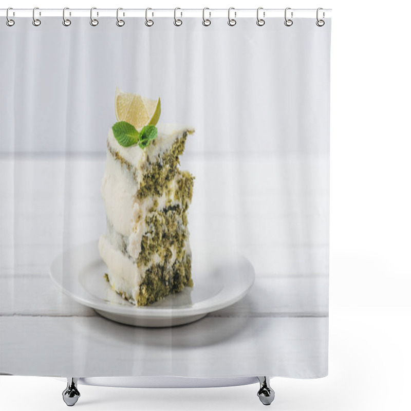 Personality  Piece Of White Cake Decorated With Mint Leaves And Line Slices Isolated On White Shower Curtains