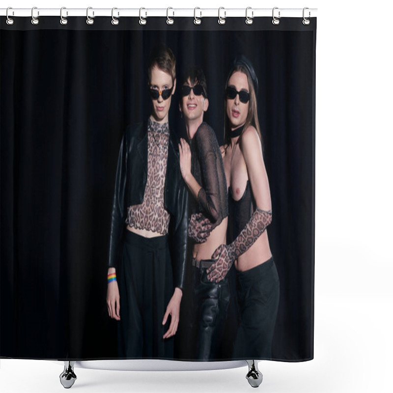 Personality  Smiling And Fashionable Gay Community In Sunglasses And Party Outfits Posing During Lgbt Pride Month Celebration Isolated On Black  Shower Curtains