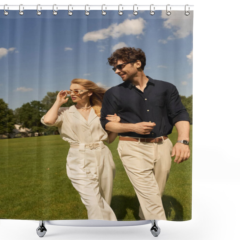 Personality  A Stylish Duo, Dressed In Elegant Attire, Leisurely Walk Through A Verdant Field. Shower Curtains