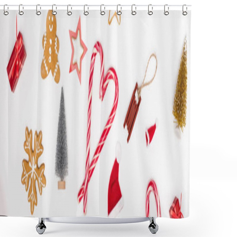 Personality  Panoramic Concept Of Candy Canes And Cookies Near Christmas Baubles On White Background Shower Curtains