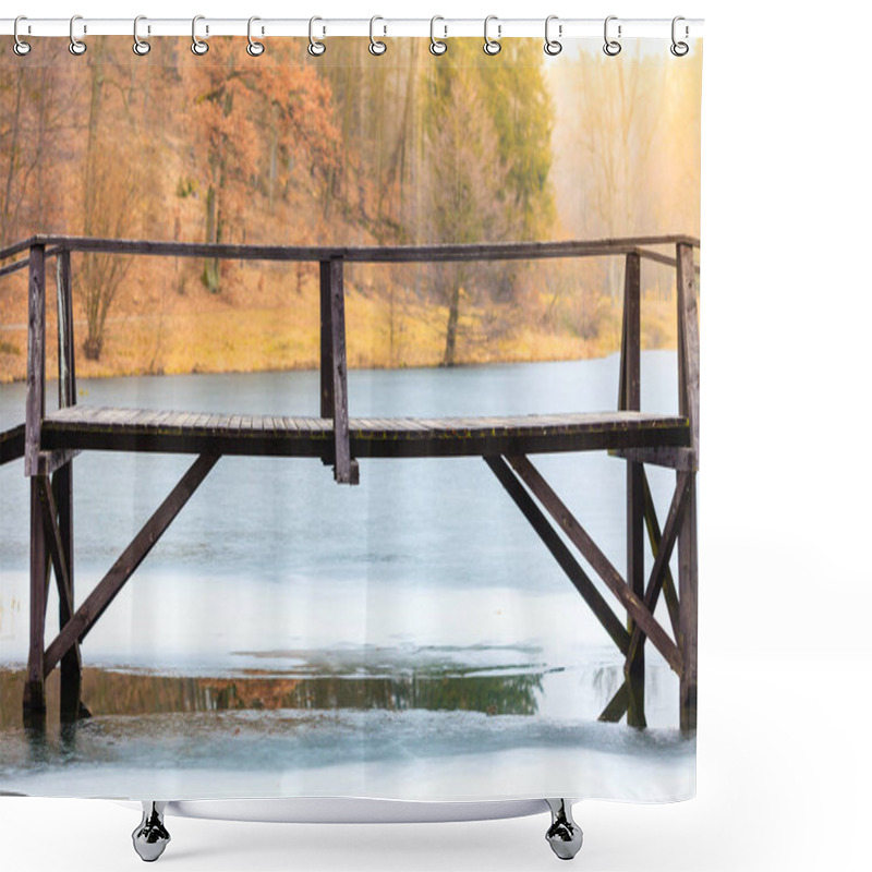 Personality  Old, Wooden, Small Bridge On Frozen Lake Shower Curtains