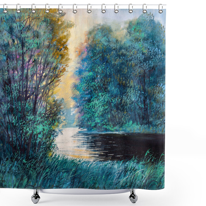 Personality  Summer Morning On The River, Oil Painting Shower Curtains