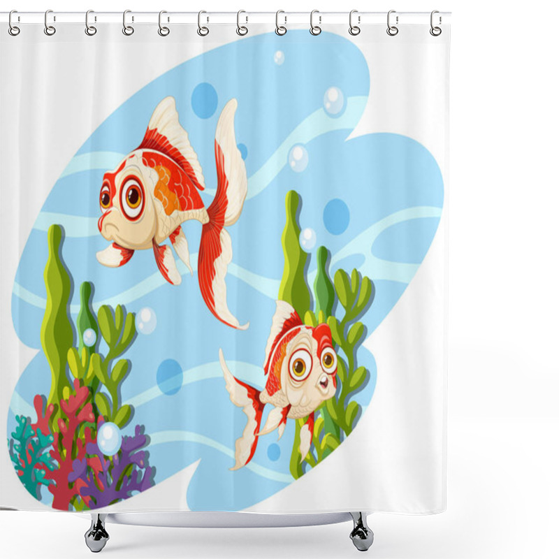 Personality  Two Cartoon Goldfish Swimming In A Vibrant Underwater Scene. Shower Curtains