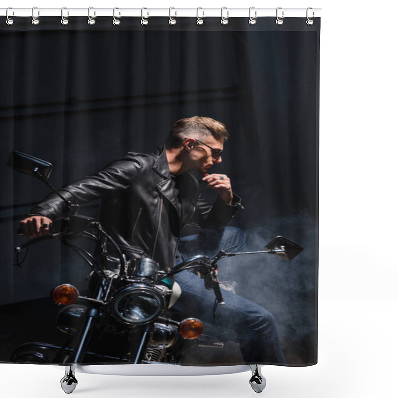 Personality  Classic Biker In Sunglasses Sitting On Motorbike In Garage Shower Curtains