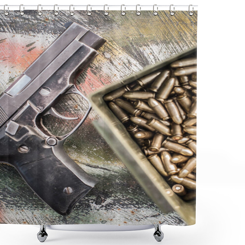 Personality  Top View Of Gun And Ammunition Box On The Table. Bullets For Pistol In Shooting Range Shower Curtains