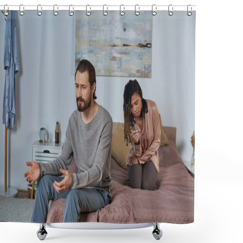 Personality  Couple Making Decision, African American Woman With Pregnancy Test, Abortion Concept, Bedroom, Talk Shower Curtains