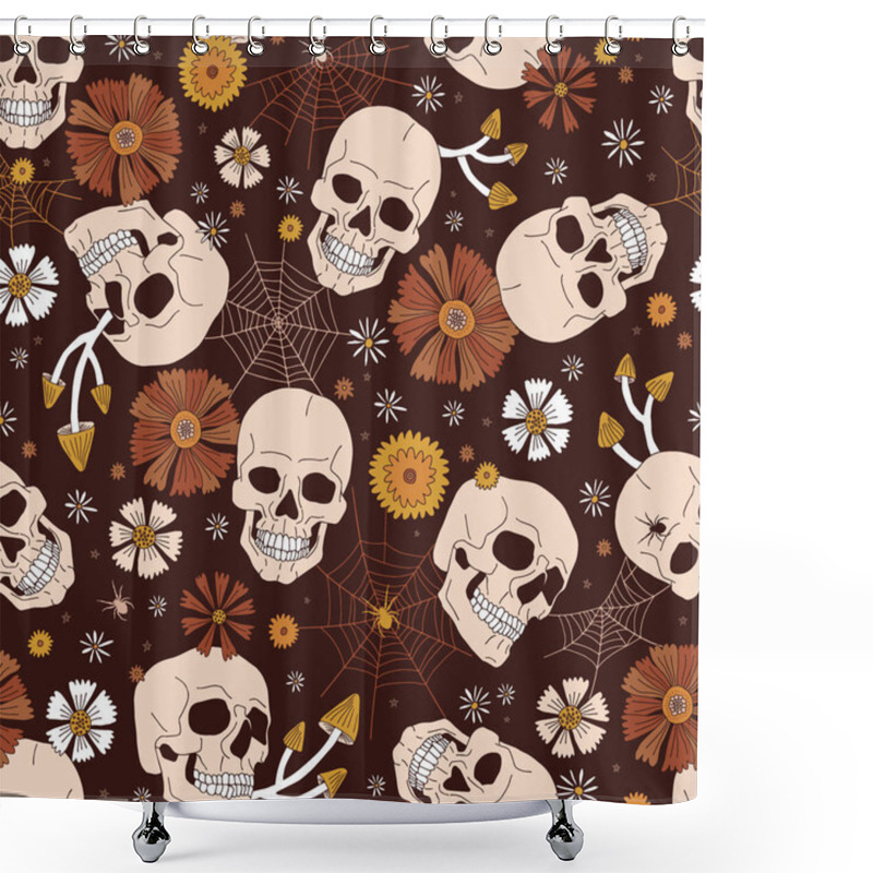 Personality  Boho Halloween Scull Mushroom Floral Cobweb Vector Seamless Pattern Shower Curtains