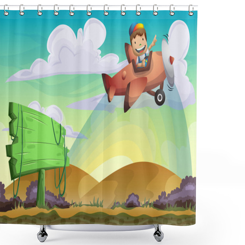 Personality  Cartoon Vector Kid On A Plane Background With Separated Layers Shower Curtains