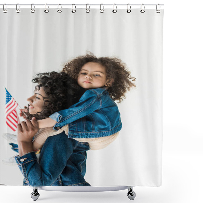 Personality  Daughter Sitting On Shoulders Of Mother Shower Curtains