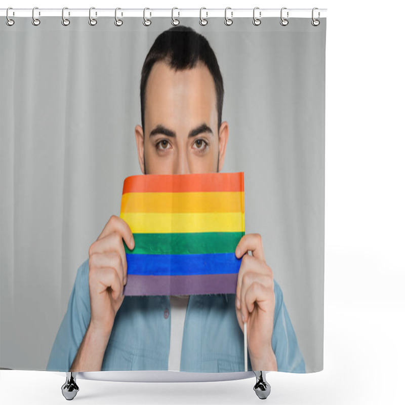 Personality  Young Brunette Gay Man Covering Face With Lgbt Flag Isolated On Grey, International Day Against Homophobia  Shower Curtains