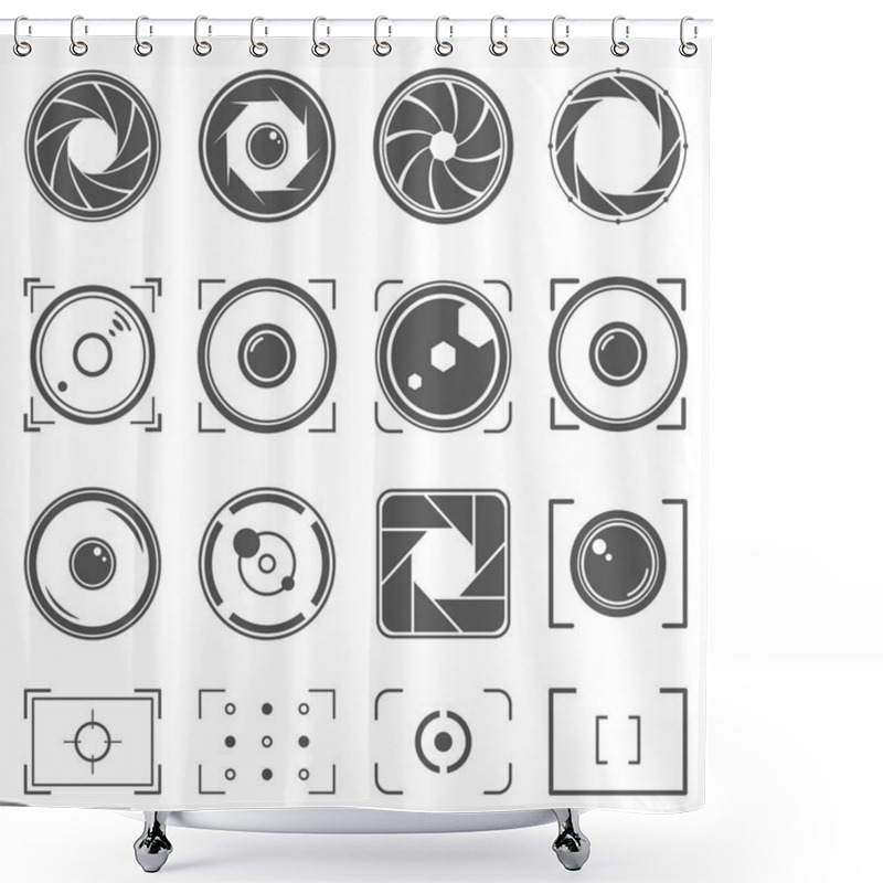 Personality  Camera Shutter, Lenses And Photo Camera Elements Set. Aperture And Photography Illustration. Set Of Photography Concept Symbol Shower Curtains