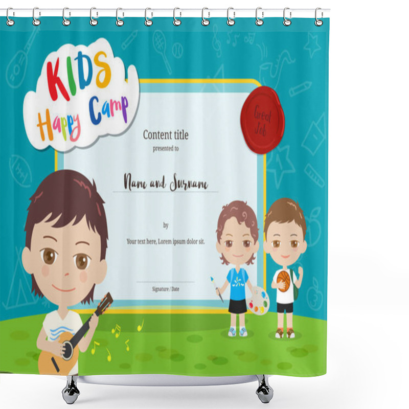 Personality  Colorful Kids Summer Camp Diploma Certificate Template In Cartoon Style With Various Children Activities Music, Painting And Sport Shower Curtains