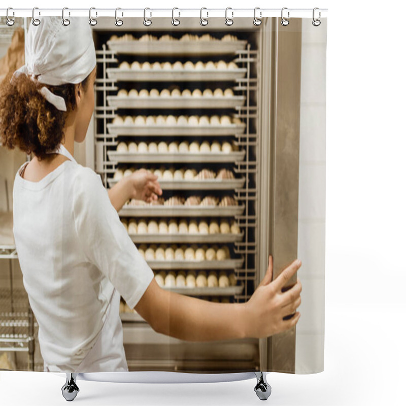 Personality  Female Baker Pointing At Dough Inside Of Industrial Oven At Baking Manufacture Shower Curtains