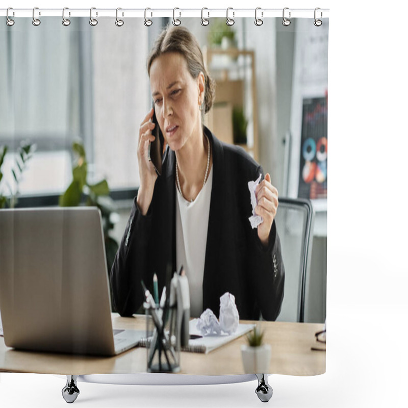 Personality  A Middle-aged Woman Talks On The Phone At Her Desk, Showing Signs Of Stress And Mental Fatigue. Shower Curtains