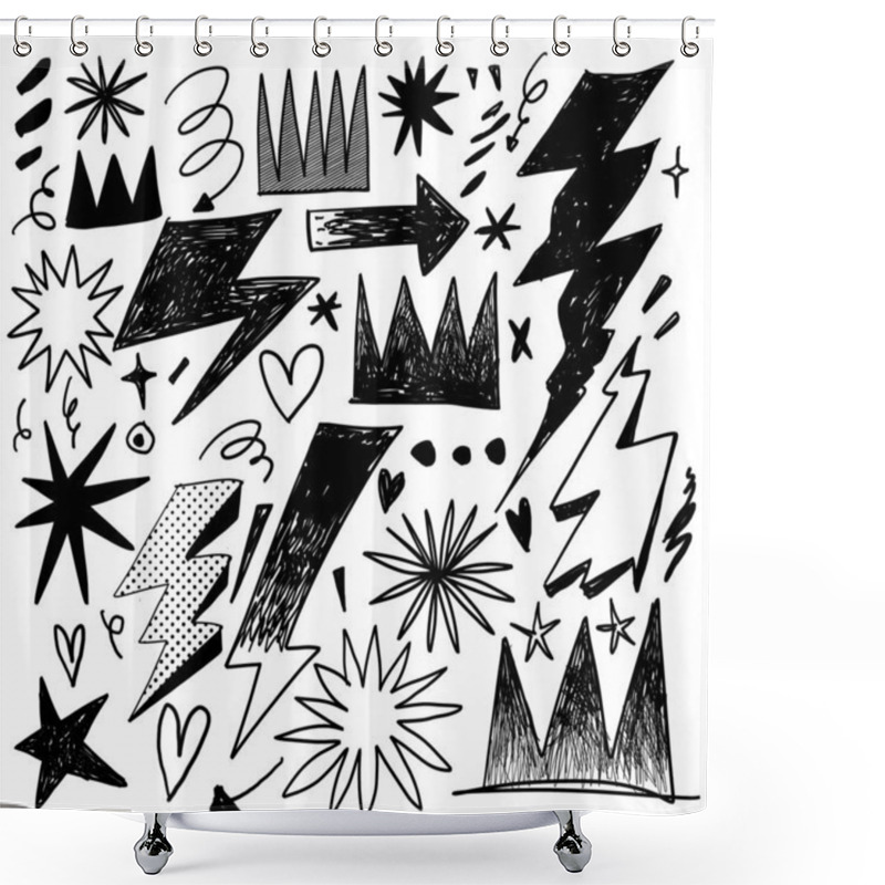 Personality  A Hand Drawn Doodle Featuring Bold Lightning Bolts, Thunder Symbols, And Graphic Shapes In A Playful And Energetic Style, With A Mix Of Stars, Arrows, And Abstract Forms Shower Curtains