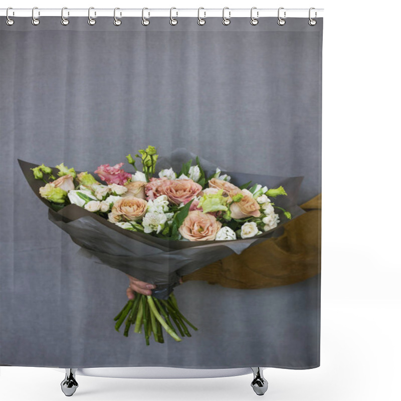 Personality  The Delicate Rustic Floral Bouquet In Woman Hands On Grey Background Shower Curtains