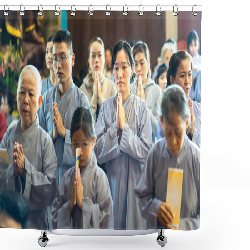 Personality  Ho Chi Minh City, Vietnam - May 29, 2018: Buddhist Praying Buddha In Buddha's Birthday Celebrations Being Held In Pagoda Morning As A Ritual Of Traditional Culture In Ho Chi Minh City, Vietnam Shower Curtains