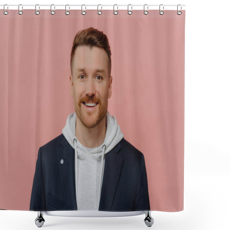 Personality  Portrait Of Positive Attractive Red Haired Guy Wearing Hoodie And Jacket Smiling At Camera, Young Good Looking Cheerful Man With Beard Posing In Stylish Casual Clothes On Pink Studio Background Shower Curtains