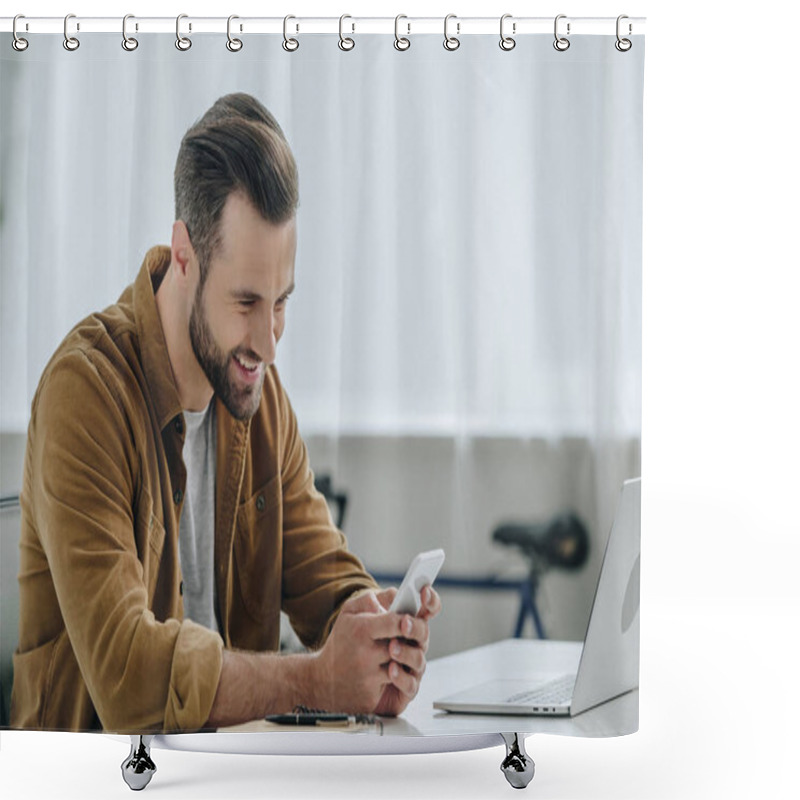 Personality  Handsome And Happy Man Smiling And Using Smartphone  Shower Curtains