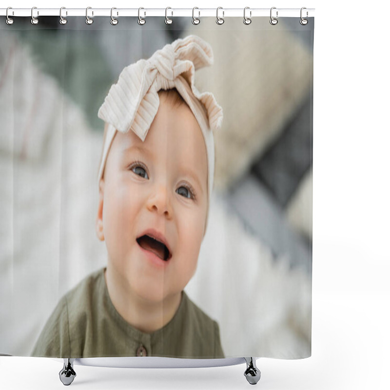 Personality  Portrait Of Happy Baby Girl In Pastel Pink Headband With Bow  Shower Curtains