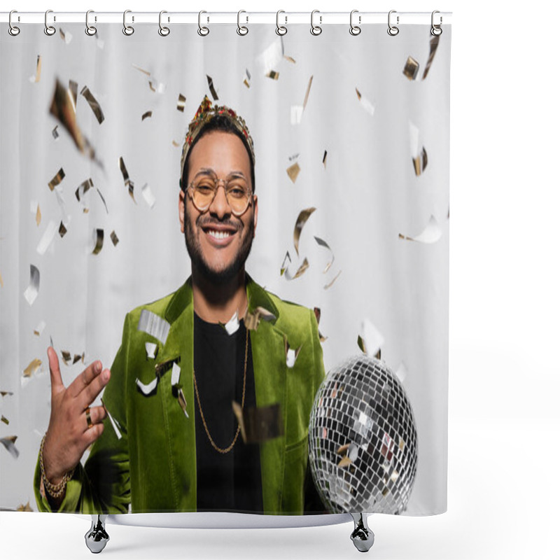 Personality  Happy Indian Hip Hop Performer In Green Velvet Blazer And Crown Holding Disco Ball Near Falling Confetti On Grey Shower Curtains